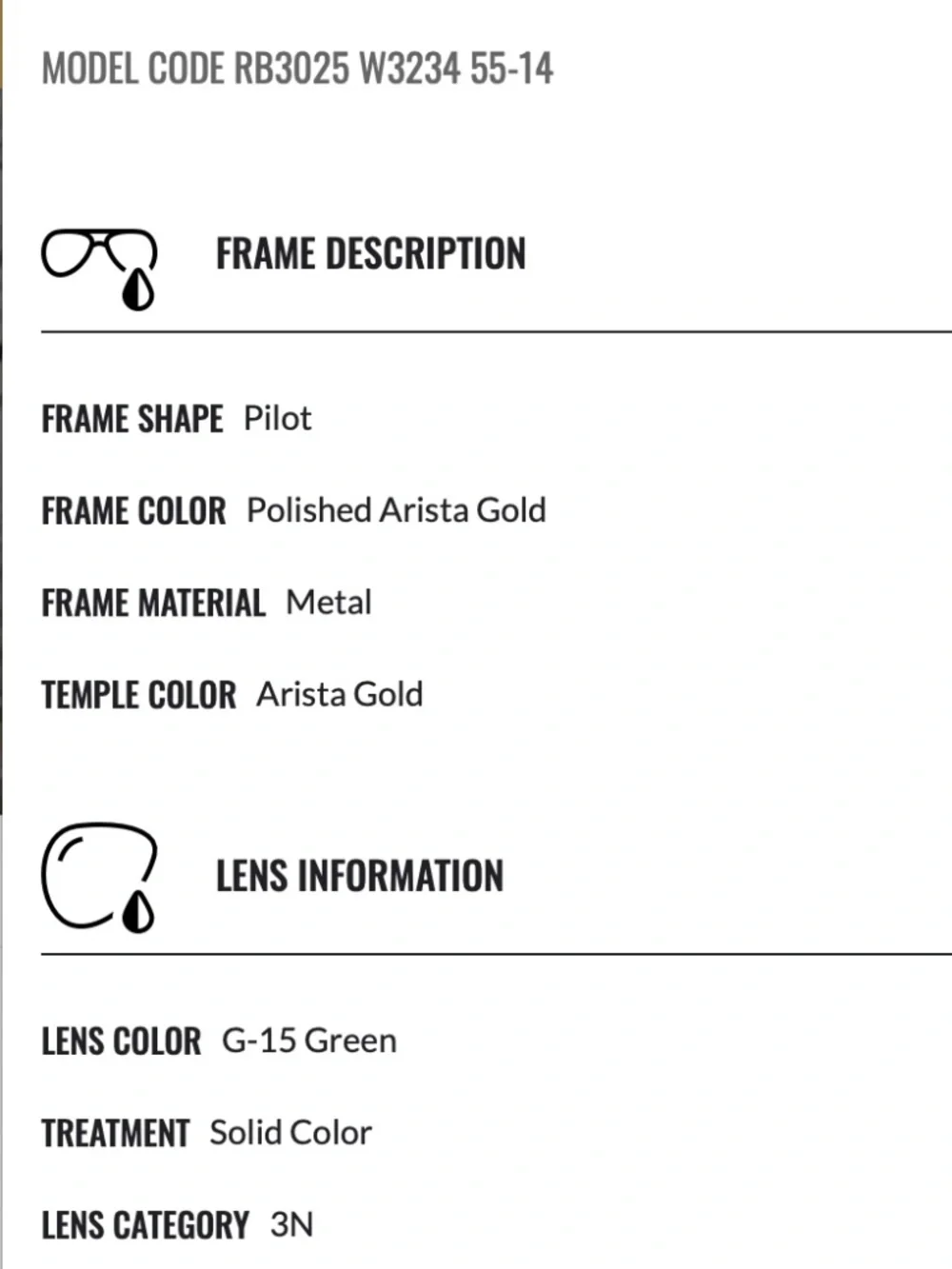 Ray-Ban~Aviator Classic~RB3025~Gold Frame:Green Lenses~Size 55-14